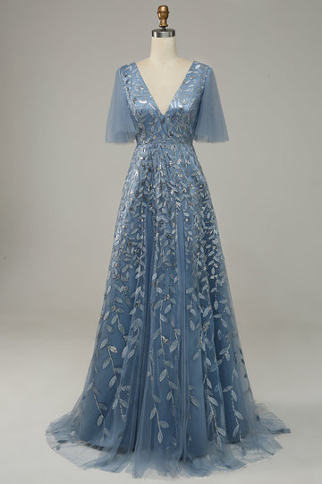 Grey Blue Tulle Brodéed Leaves Robe de bal